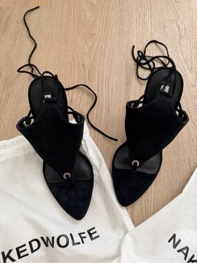 Naked Wolfe Black Suede Lace-Up Pointed Toe Heels